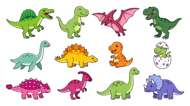 A charming collection of ten colorful cartoon style dinosaurs in various poses and species including a baby dinosaur hatching from its egg cute illustration prehistoric animal