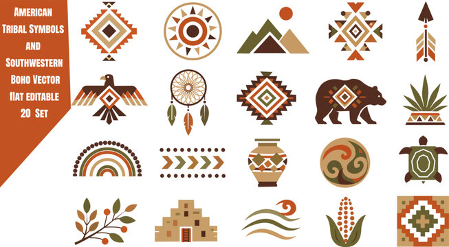 Native American tribal symbols and Southwestern ethnic icons of eagle, bear, dreamcatcher, arrow, pueblo dwelling, mountains and pottery