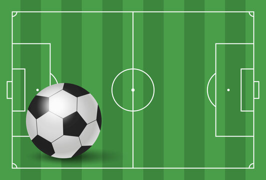 Soccer field with ball on grass pitch. Football pitch layout for design. Football team formation, strategy design, sport infographic layouts, arena blueprints. Vector sport diagram and template