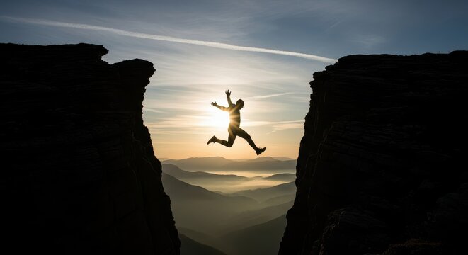 Silhouette of a Man Jumping Over a Mountain Gap at Sunrise, Concept of Success, Courage, and Achievement