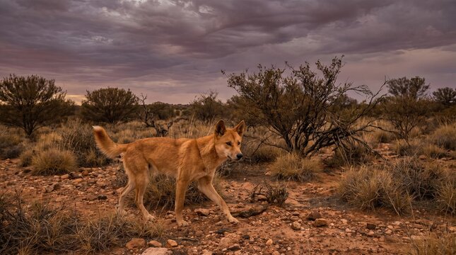 Dingo Walking in Wild Australian Landscape at Dusk