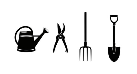 Gardening tools silhouettes on white background with four black silhouettes pruning shears watering can pitchfork equipment symbols shovel with icons © Ritu
