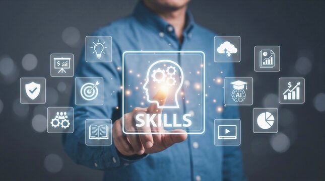 Man pointing at glowing skills icon with digital marketing network conceptual symbols