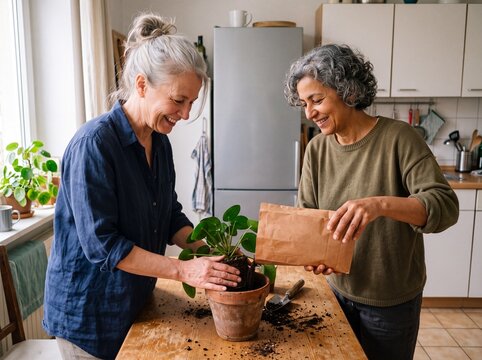 Zwei l&auml;chelnde reife Frauen topfen gemeinsam eine gr&uuml;ne Zimmerpflanze in der K&uuml;che halbnah um