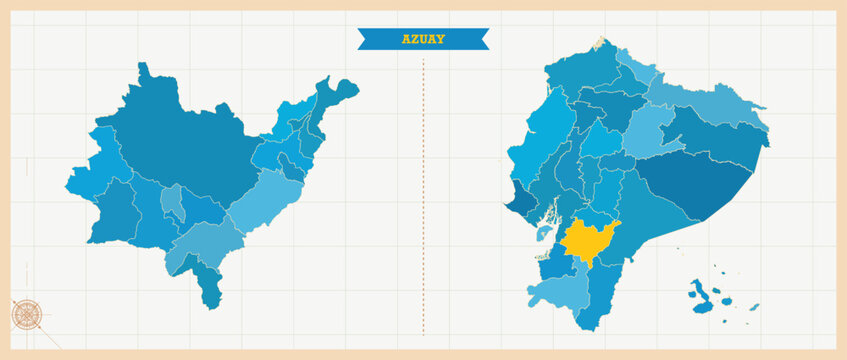 Azuay Province Highlighted in Ecuador Map, Modern Ecuador and Azuay Administrative Map, Colorful High Detailed Vector with Geographical Borders