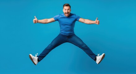 Fototapeta premium Excited Young Man Jumping High in the Air with Thumbs Up Gesture Isolated on Blue Background