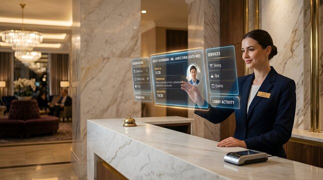 Futuristic hotel receptionist uses a holographic display for guest management and services at a luxury front desk