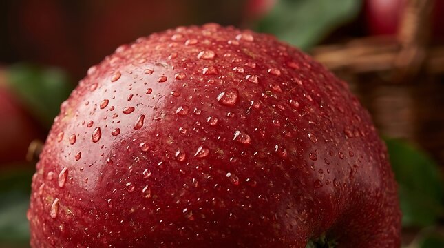 Macro close up view of a single red apple covered in refreshing morning water droplets with droplets textured skin under soft lighting
