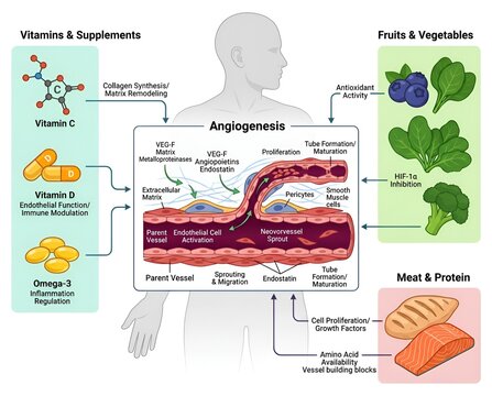Diagram illustrating impact of vitamins supplements and nutrition on angiogenesis and blood vessel formation in human body
