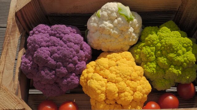 Top view of Colorful cauliflower assortment in rustic wooden crate, carefully arranged for vibrant culinary presentation highlighting natural textures, vivid seasonal produce, wholes