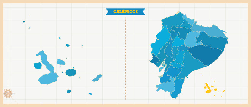 Gal&aacute;pagos Province Highlighted in Ecuador Map, Modern Ecuador and Gal&aacute;pagos Administrative Map, Colorful High Detailed Vector with Geographical Borders

