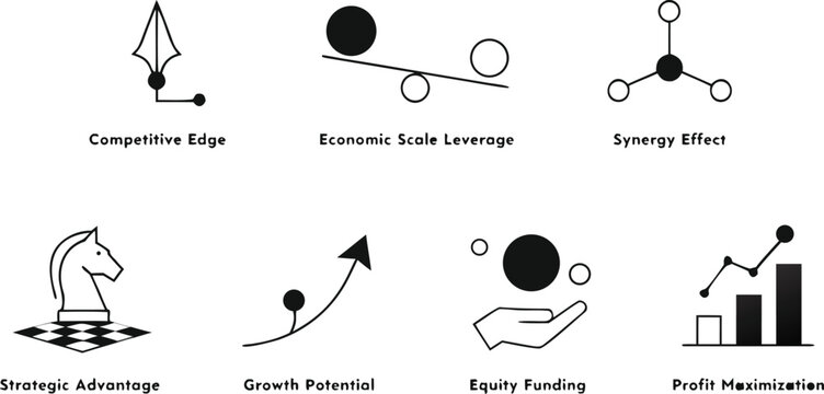 Strategic planning economic growth leverage and financial profit maximization business icons vector pack