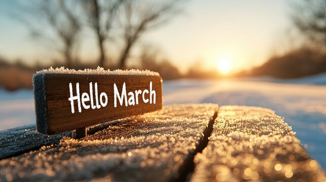 Realistic photo of "Hello March" traced in the morning frost on a wooden bench, golden sunrise reflecting on ice crystals 