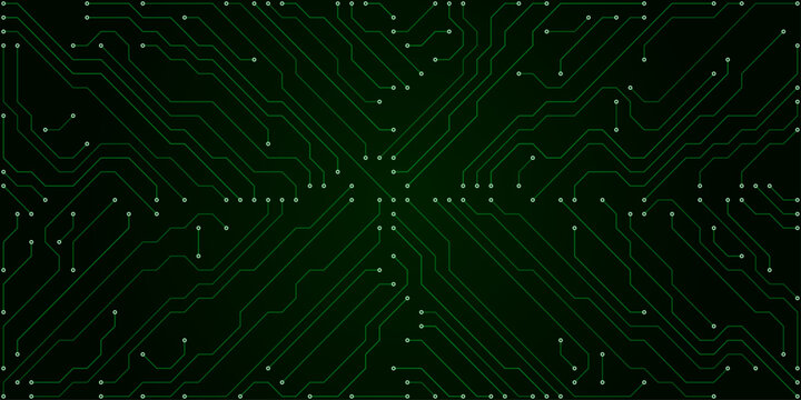 Green digital circuit board pattern with interconnected lines, nodes, and pathways on a dark background, representing electronic hardware and data flow