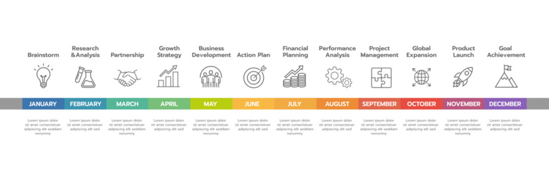 Annual Business Plan 12 Month Calendar Timeline Infographic with Line Icons for Yearly Marketing Roadmap Project Schedule and Corporate Strategy Presentation Template.