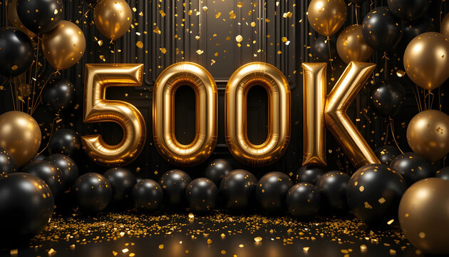 Golden 500k milestone balloons with elegant black and gold spheres and shimmering falling confetti.