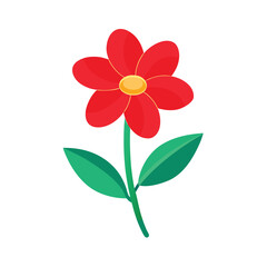 Fototapeta premium Vibrant red flower vector illustration, blooming floral plant with green leaves, simple garden blossom icon isolated on white background