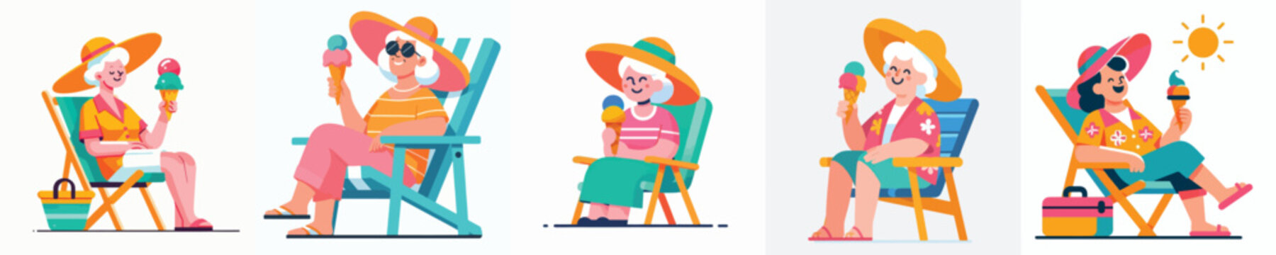 Flat vector illustration of a grandmother sitting on a beach chair, dressed in summer attire and eating ice cream