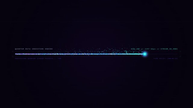 Abstract data loading bar with glowing particle motion, digital progress indicator, energy flow