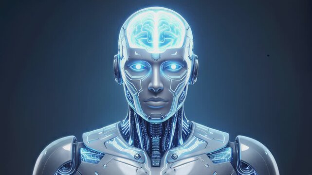 Cyborg with glowing blue brain and eyes. Artificial intelligence concept with robotic humanoid head. Lockdown shot.