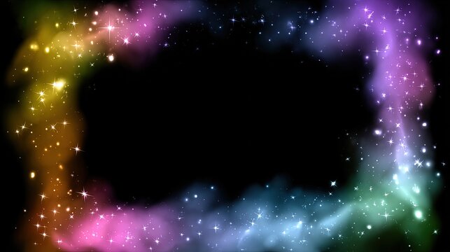 rainbow colored glowing magical smoke frame with glowing stars, black background 