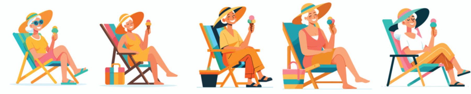 Flat vector illustration of a grandmother sitting on a beach chair, dressed in summer attire and eating ice cream