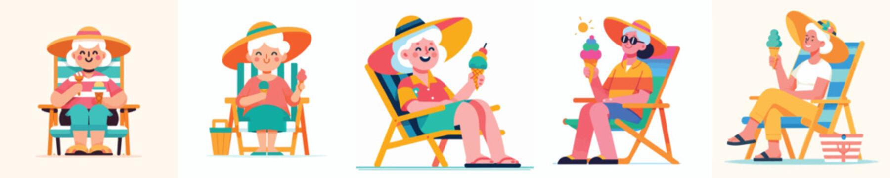 Flat vector illustration of a grandmother sitting on a beach chair, dressed in summer attire and eating ice cream