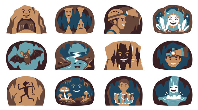 Cave exploration and spelunking adventure vector icon set.