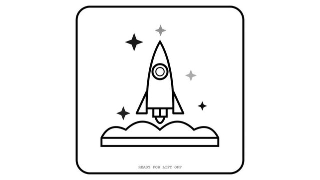 Rocket ship launching with twinkling stars in minimalist line art
