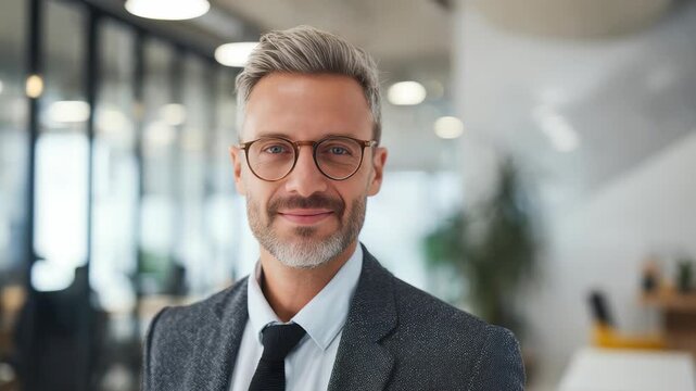 Confident mature businessman with gray hair and glasses smiling with eyes closed in modern office. Professional executive enjoying a moment of relaxation during a busy workday