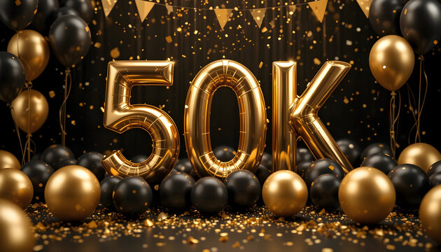 Shiny gold 50k number balloons with black and gold party decorations and falling confetti.