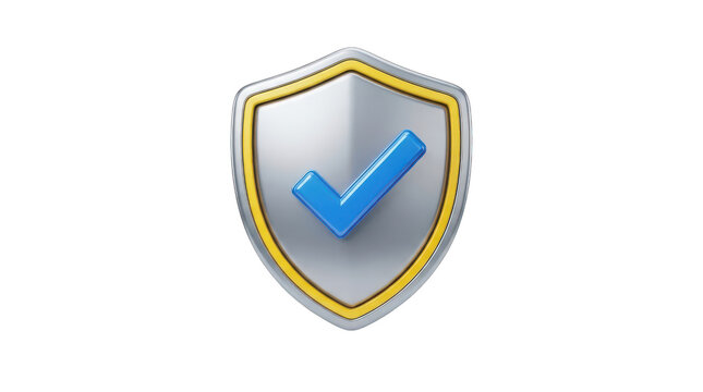 Metallic shield icon with a blue check mark symbol isolated on transparent background, illustration