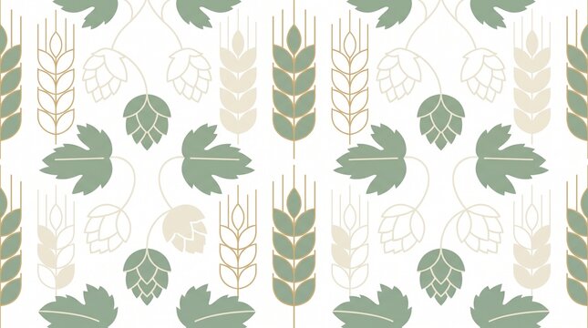 Craft beer ingredients seamless pattern, natural hop cones and barley stalks, brewing industry background, organic beverage design element, rustic botanical illustration for packaging and