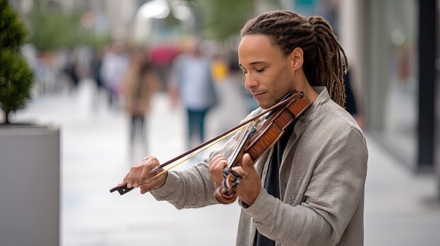Professional stock photography of a street musician with dreadlocks, passionately playing the violin in a bustling city square.