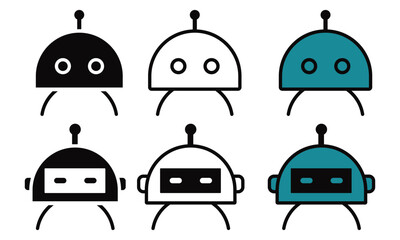 Fototapeta premium Collection of six different cartoon robot head icons in black white and teal colors
