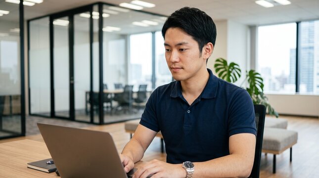 オフィスカジュアルなポロシャツを着て、穏やかな表情でノートパソコンを見る20代日本人男性社員