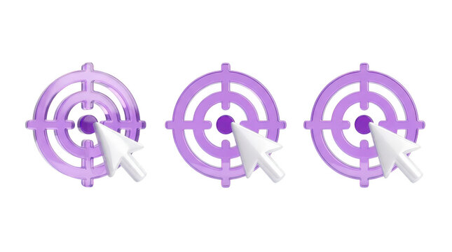 Three purple target icons with computer mouse cursor arrow pointers isolated on transparent background, illustration