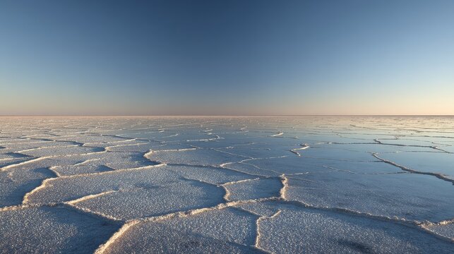 Aerial View of Salt Flat with Pastel Pink Horizon at Dusk
