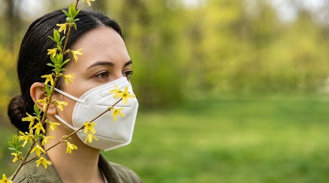 Woman wearing white medical mask standing near blooming yellow flowers. Seasonal allergy, pollen reaction and hay fever symptoms. Protection from spring nature pollens and respiratory.