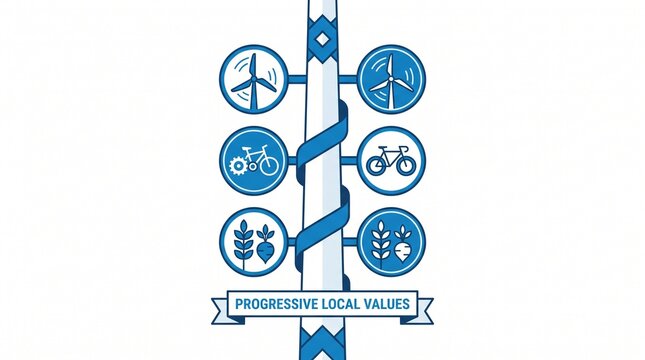 Progressive Local Values illustration, a modern flat design vector graphic showcasing sustainable community principles. Eco-friendly icons for renewable energy, organic farming