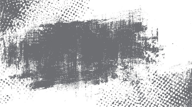 Grey distressed brush stroke with halftone dot texture overlay on white background grunge