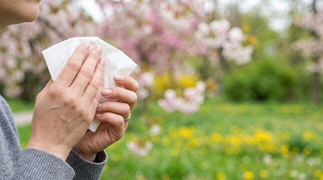 Woman holding tissue in blooming spring garden. Seasonal allergy symptoms with runny nose. Pollen reaction on flower with floral background. Healthcare concept for medical treatment.