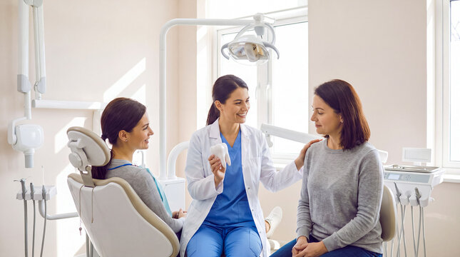 Dentist office scene with two patients and a staff member engaged in a discussion