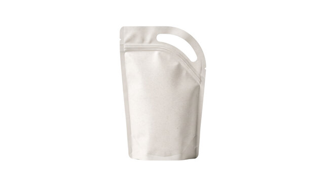 White plastic stand-up pouch with handle, blank flexible liquid packaging for soap or detergent, refillable spout bag for household products isolated PNG with Transparent Background