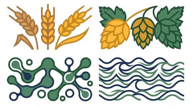 Brewing ingredients and abstract elements, a flat vector illustration set of wheat, hops, organic shapes, and water waves, perfect for beer production and beverage design.