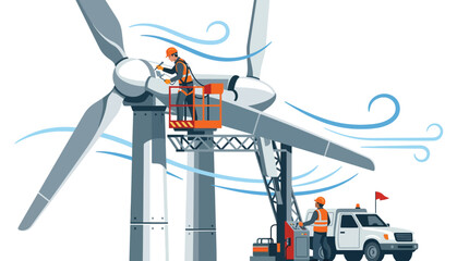 Technicians perform maintenance on a large wind turbine generator unit © Ambon