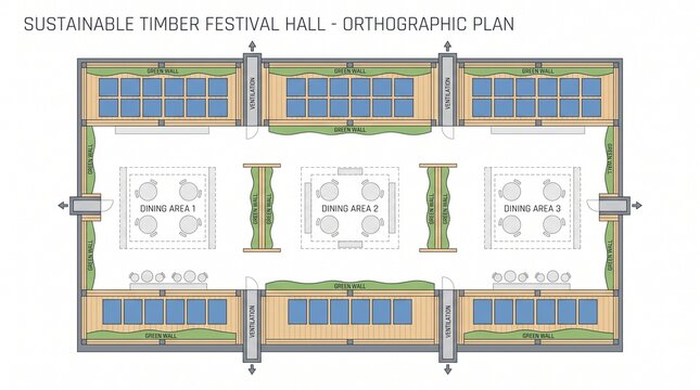 Sustainable Timber Festival Hall Orthographic Plan, architectural blueprint for an eco-friendly event space, detailed floor plan illustration for sustainable building design