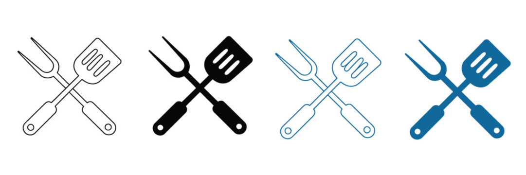 Crossed spatula and fork icons featuring barbecue grilling utensils, cooking tools, kitchen equipment, BBQ accessories, chef symbols, and food preparation icons in silhouette, outline, solid, and colo