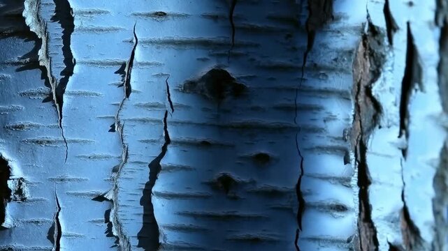 Close-up birch bark peeling and curling under warm side light with layered separation, dark inner bark, knotted texture, rough organic surface detail, with birch, bark, peeling, curling detail