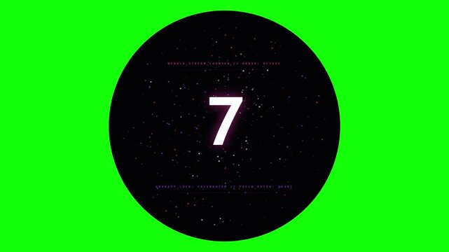 countdown timer with digital number glowing inside black circle on green screen for easy chroma key